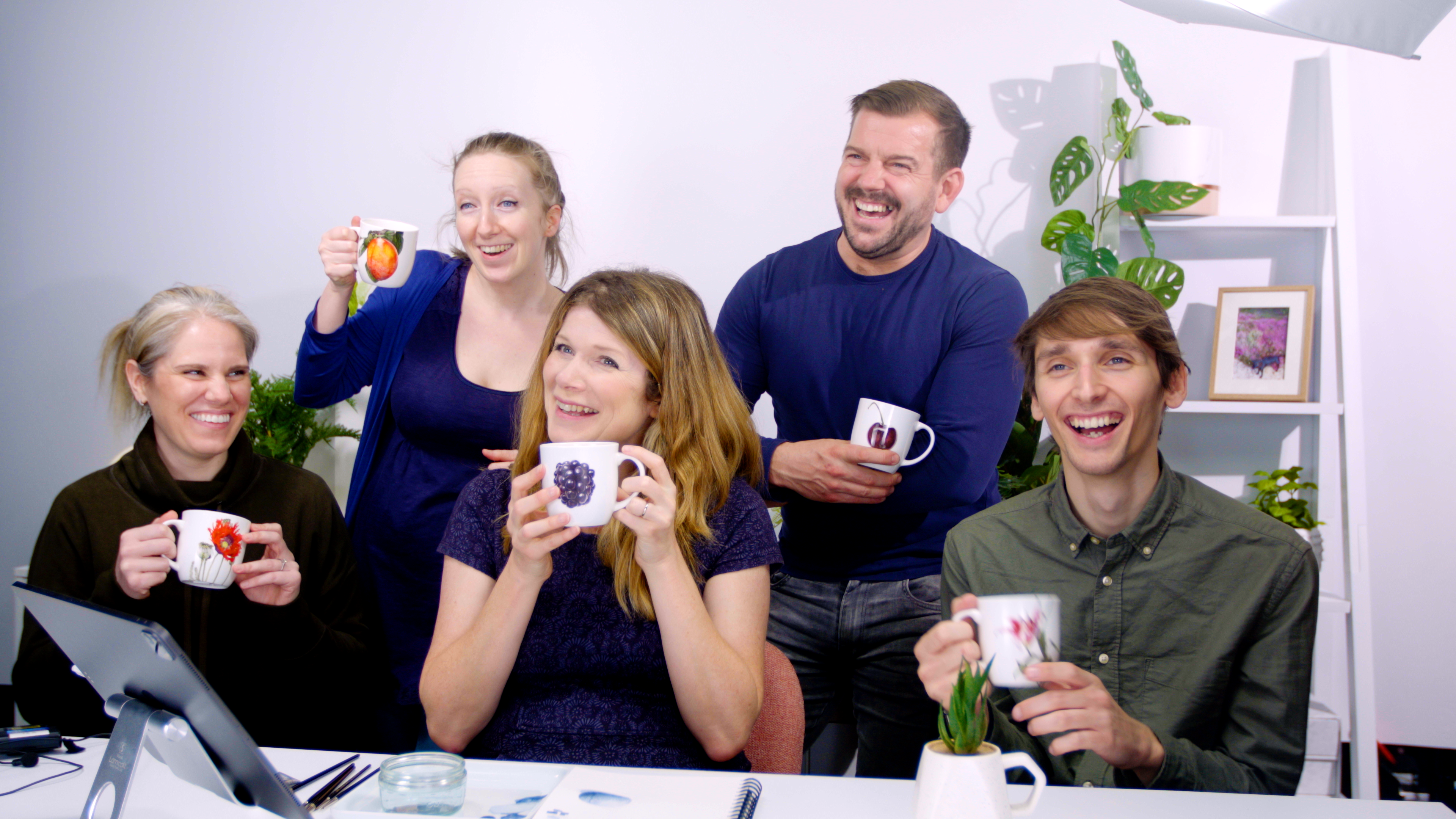 The team enjoying a tea break during a filming session
